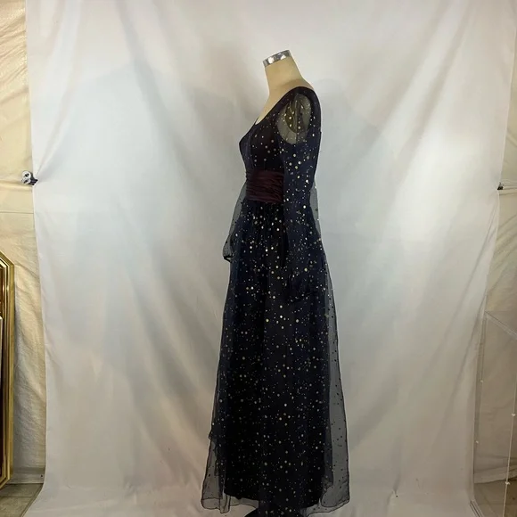 Vintage 50s Maxi Dress Navy & Gold Polka Dot Formal Gown XS/S - Picture 7 of 13